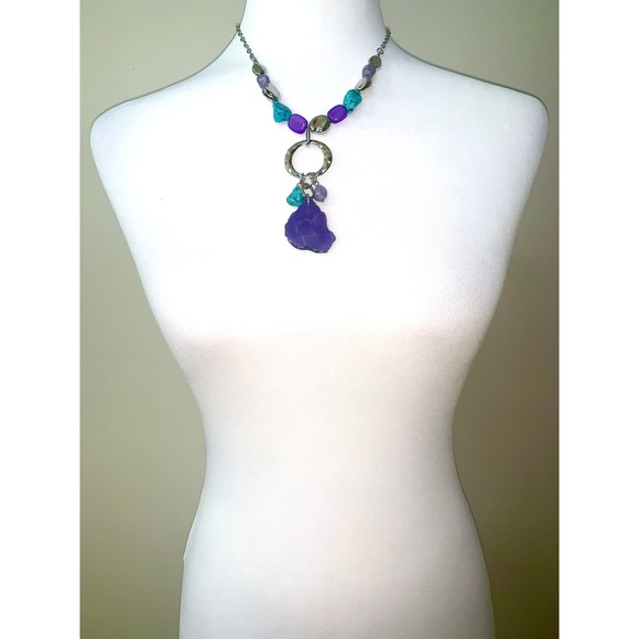 Chico's Silver Tone Turquoise Purple Amythest Color Cut Stone Necklace EUC - Picture 3 of 7